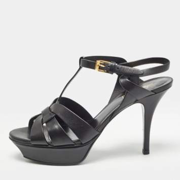 Pre Owned Saint Laurent Black Leather Tribute Sandals Size 38