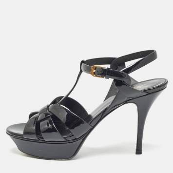 Pre Owned Saint Laurent Black Patent Leather Tribute Sandals Size 38.5