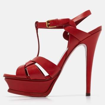 Pre Owned Saint Laurent Red Leather Tribute Ankle Strap Sandals Size 36.5