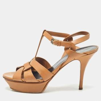 Pre Owned Saint Laurent Brown Leather Tribute Sandals Size 39