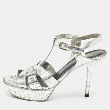 Pre Owned Saint Laurent Paris Silver Croc Embossed Tribute Sandals Size 39