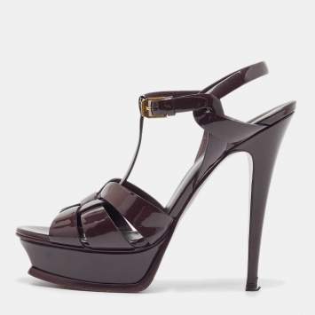 Pre Owned Saint Laurent Burgundy Patent Tribute Sandals Size 40