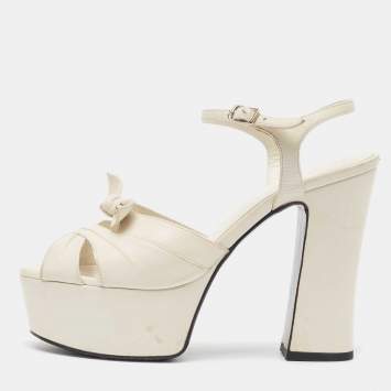 Pre Owned Saint Laurent Off White Leather  Bow Ankle Strap Sandals Size  37.5