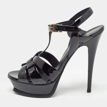 Pre Owned Saint Laurent Black Patent Leather Tribute Ankle Strap Sandals Size 38.5