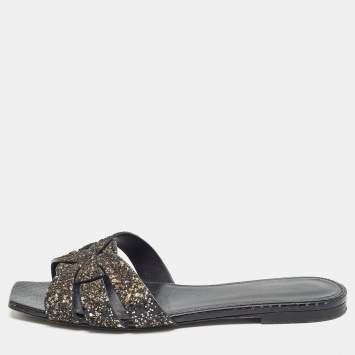 Pre Owned Saint Laurent Black Coarse Glitter Tribute Flat Slides Size 37