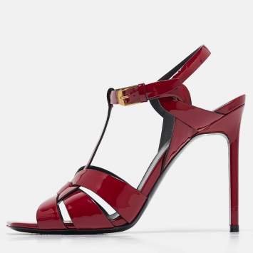 Pre Owned Saint Laurent Burgundy Patent Leather Tribute Sandals Size 39