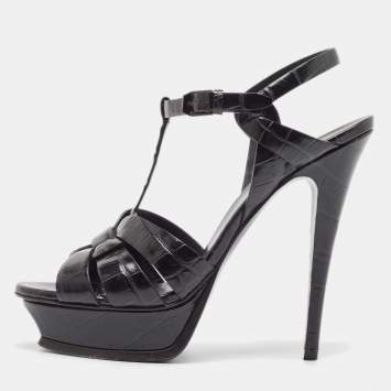 Pre Owned Saint Laurent Black Embossed Croc Tribute Sandals Size 40