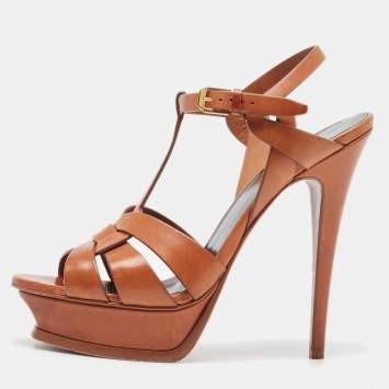 Pre Owned Saint Laurent Brown Leather Tribute Sandals Size 40