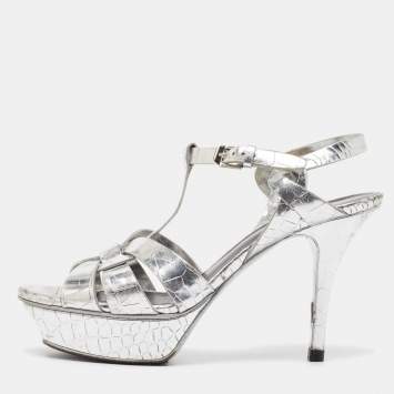 Pre Owned Saint Laurent Silver Croc Embossed Leather Tribute  Sandals Size 37.5