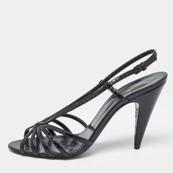 Pre Owned Saint Laurent Black Embossed Python Strappy Slingback Sandals Size 39