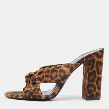 Pre Owned Saint Laurent Brown/Black Leopard Print Suede Loulou Slide Sandals Size 40