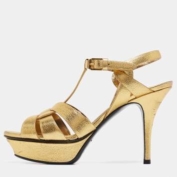 Pre Owned Saint Laurent Gold Leather Tribute Ankle Strap  Sandals Size 37