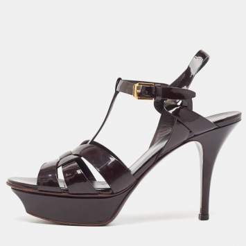 Pre Owned Saint Laurent Burgundy Patent Leather Tribute Ankle Strap Sandals Size 37.5