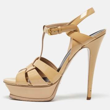 Pre Owned Saint Laurent Beige Patent Leather Tribute Sandals Size 38