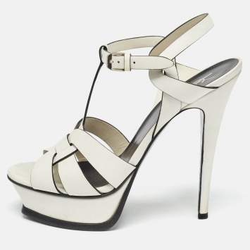 Pre Owned Saint Laurent White/Black Leather Tribute Ankle Strap Sandals Size 38