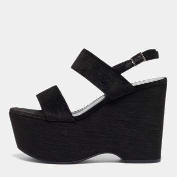 Pre Owned Saint Laurent Black Velvet Platform Wedge Sandals Size 38