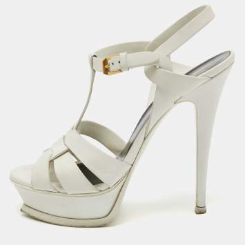 Pre Owned Saint Laurent White Leather Tribute Ankle Strap Sandals Size 38