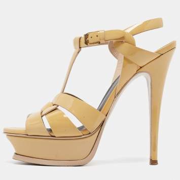 Pre Owned Saint Laurent Beige Patent Tribute Ankle Strap Sandals Size 37
