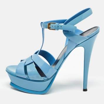 Pre Owned Saint Laurent Blue Patent Leather Tribute Sandals Size 38