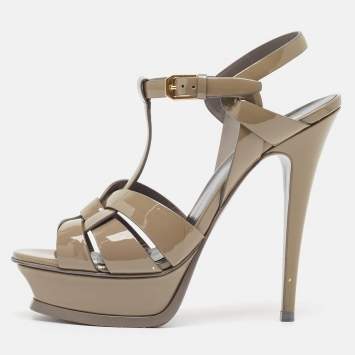Pre Owned Saint Laurent Green Patent Tribute Platform Sandals Size 37