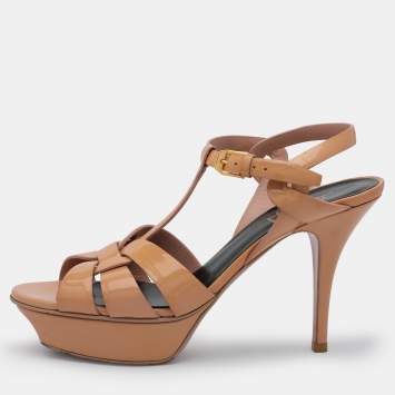 Pre Owned Saint Laurent Beige Patent Leather Tribute Platform Sandals Size 38