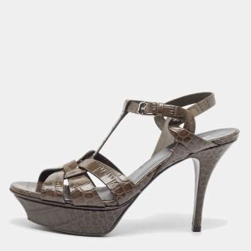 Pre Owned Saint Laurent Grey Embossed Croc Tribute Sandals Size 38.5