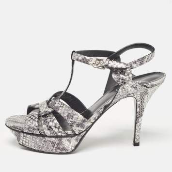 Pre Owned Saint Laurent Two Tone Embossed Python Tribute Sandals Size 38.5