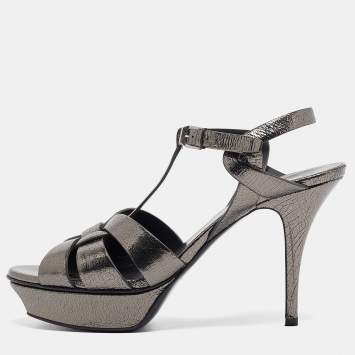 Pre Owned Saint Laurent Metallic Grey Textured Leather Tribute Sandals Size 41