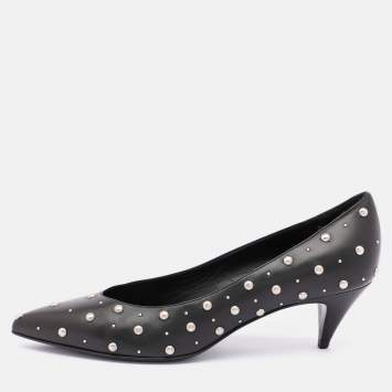 Pre Owned Saint Laurent Black Leather Embellished Pointed Toe Pumps Size 37
