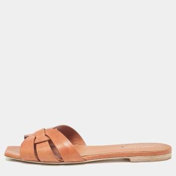 Pre Owned Saint Laurent Brown Leather Tribute Flat Sandals Size 39