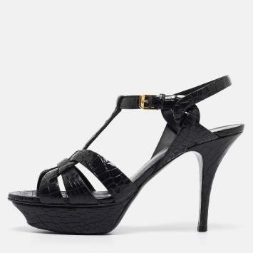 Pre Owned Saint Laurent Black Croc Embossed Leather Tribute Platform Sandals Size 39
