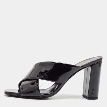 Pre Owned Saint Laurent Black Patent Leather Loulou Ankle Strap Sandals Size 38.5