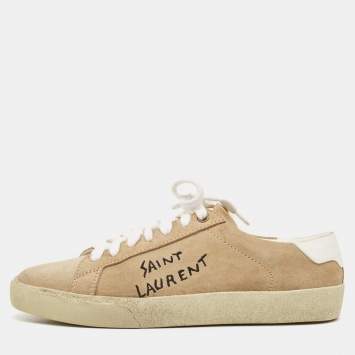 Pre Owned Saint Laurent Beige Suede Court Classic Lace Up Sneakers Size 37