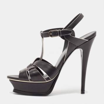 Pre Owned Saint Laurent Black Leather Tribute Sandals Size 38