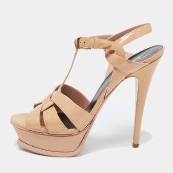 Pre Owned Saint Laurent Beige Patent Leather Tribute Platform Sandals Size 38.5
