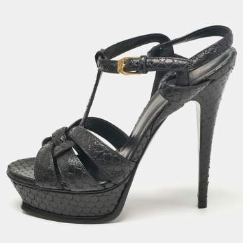 Pre Owned Saint Laurent Black Python Embossed Leather Tribute Platform Sandals Size 38