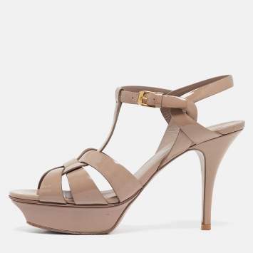 Pre Owned Saint Laurent Beige Patent Tribute Platform Sandals Size 39