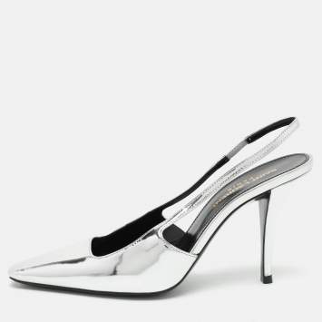 Pre Owned Saint Laurent Silver Leather Blade Slingback Pumps Size 36