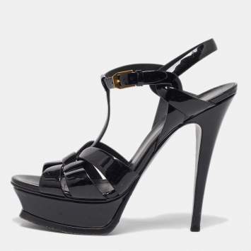 Pre Owned Saint Laurent Black Patent Leather Tribute Ankle Strap Sandals 38.5