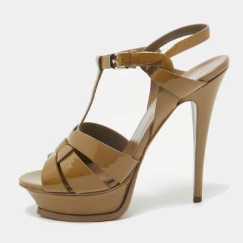 Pre Owned Saint Laurent Brown Patent Leather Tribute Sandals Size 39.5