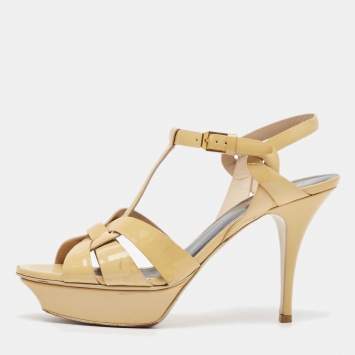 Pre Owned Saint Laurent Beige Patent Leather Tribute Sandals Size 40