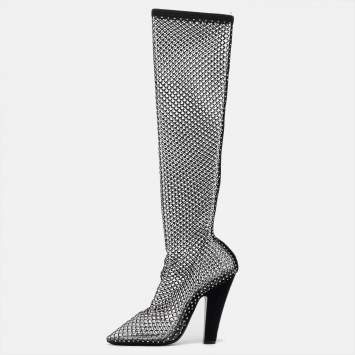 Pre Owned Saint Laurent Paris Black Mesh and PVC Mid Calf Boots Size 37