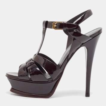 Pre Owned Saint Laurent Burgundy Patent Tribute Platform Sandals Size 35