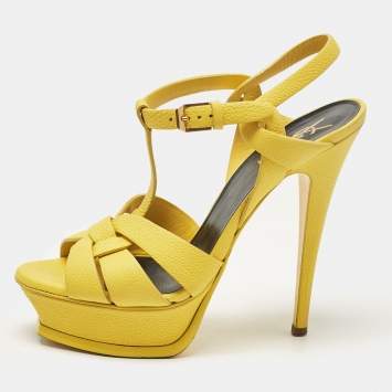 Pre Owned Saint Laurent Yellow Leather Tribute Platform Sandals Size 37