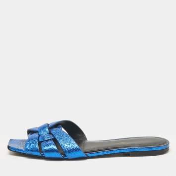 Pre Owned Saint Laurent Metallic Blue Leather Tribute Flat Slides Size 38.5