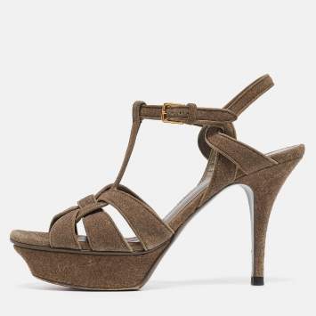 Saint Laurent Grey Texture Suede Tribute Platform Sandals Size  39
