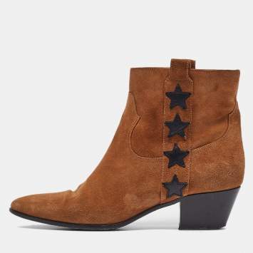 Pre Owned Saint Laurent Brown Suede Ankle Length Boots Size 38.5