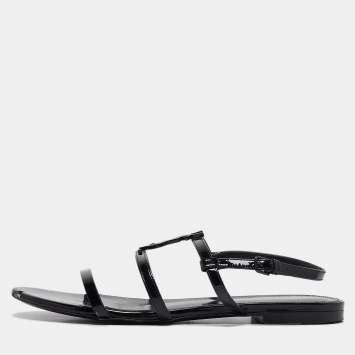 Pre Owned Saint Laurent Black Patent Leather Cassandra Flat Sandals Size 38