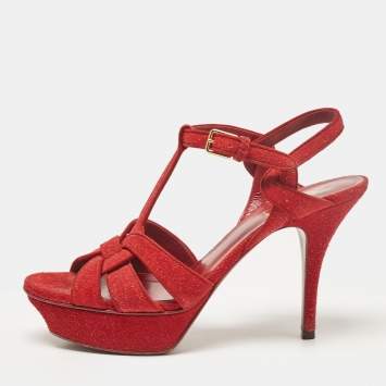 Pre Owned Saint Laurent Red Glitter and Suede Tribute Platform Sandals Size 38