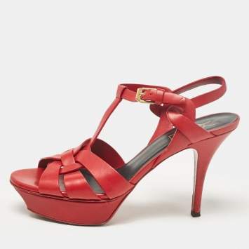 Pre Owned Saint Laurent Red Leather Tribute Sandals Size 38
